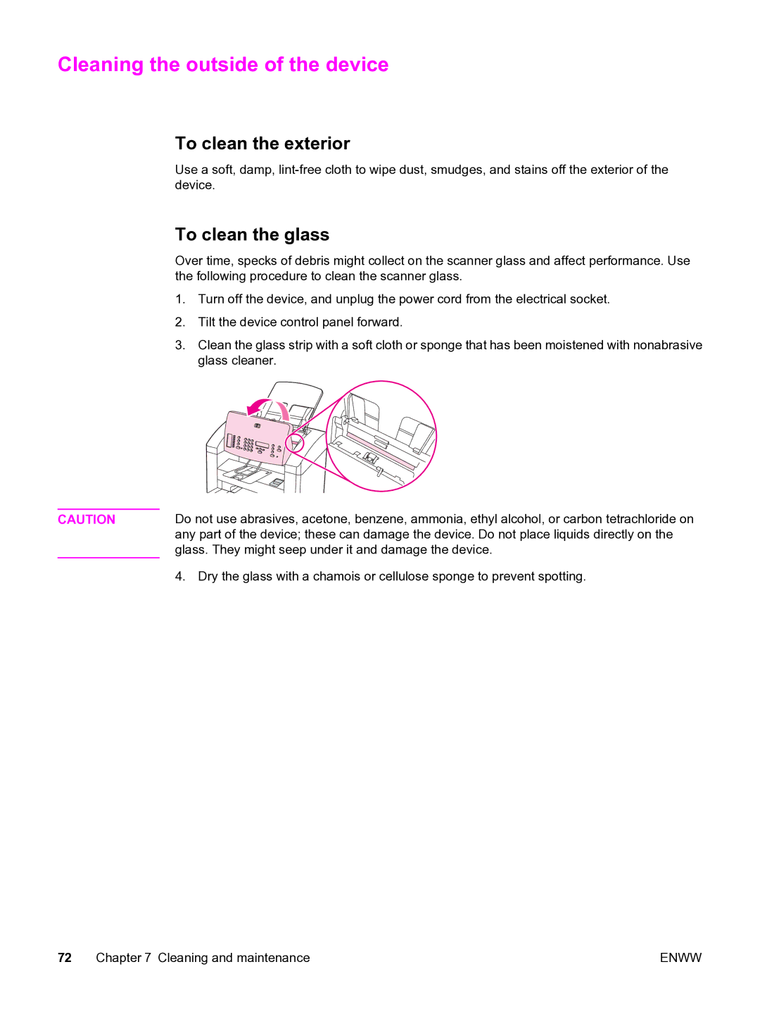 HP 3015 manual Cleaning the outside of the device, To clean the exterior, To clean the glass 