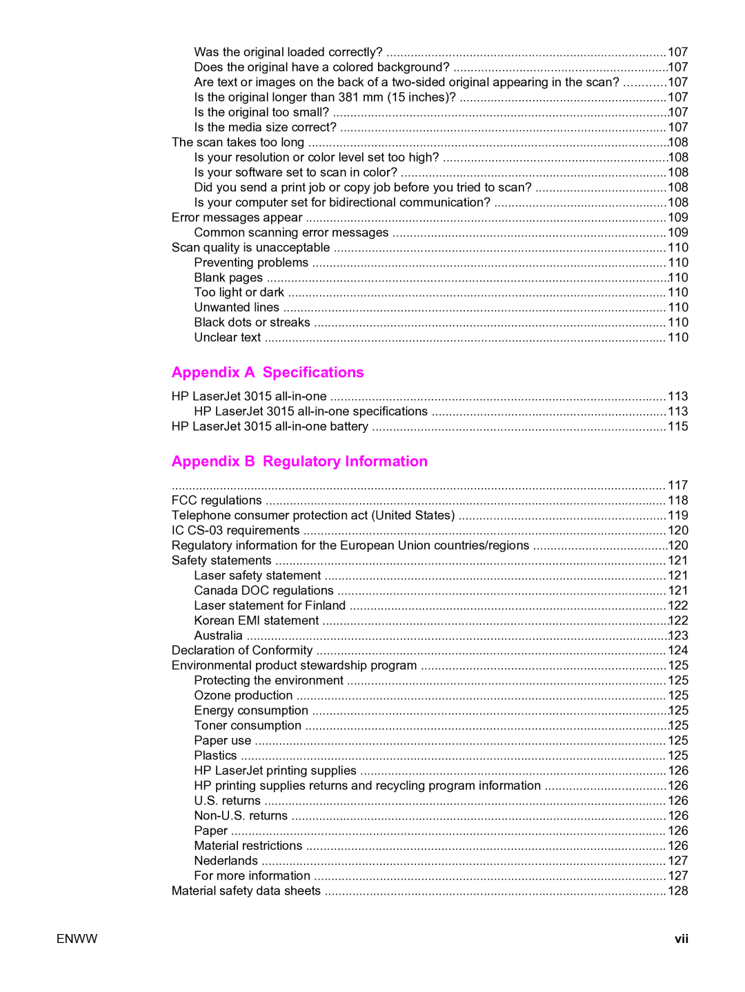 HP 3015 manual Appendix a Specifications, Vii 