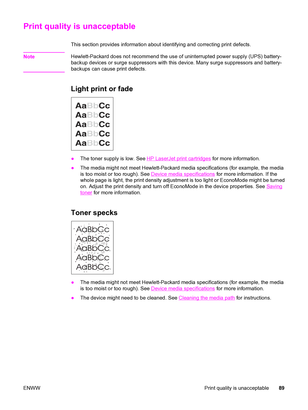 HP 3015 manual Print quality is unacceptable, Light print or fade, Toner specks 