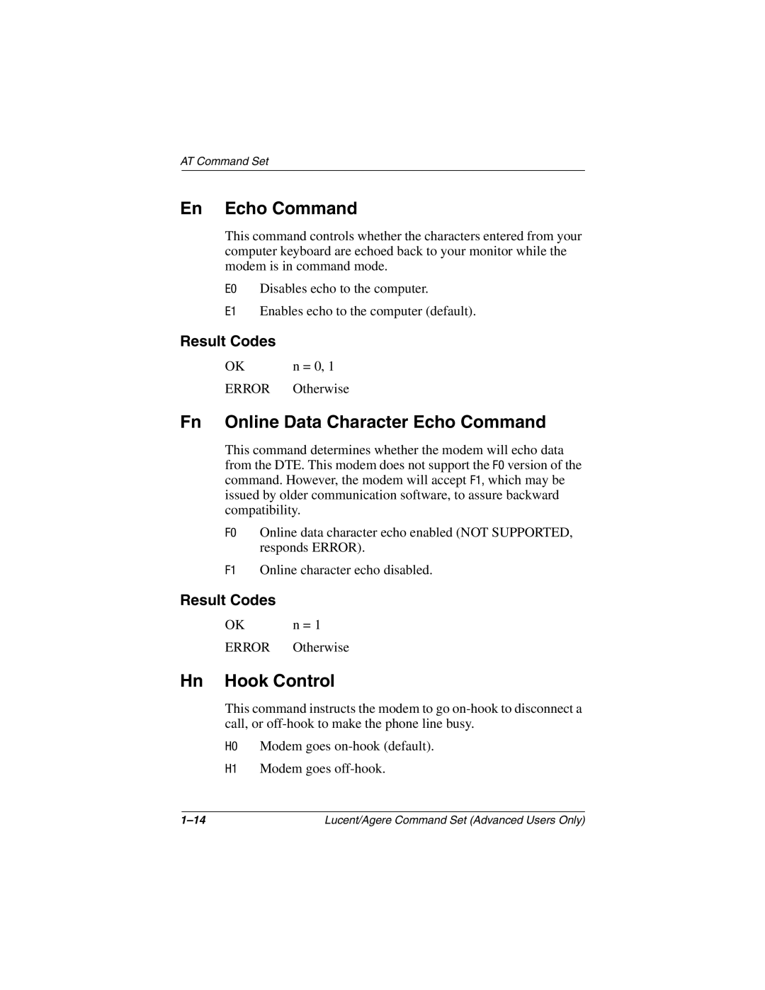 HP 3020US, 3016US, 3017CL, 3015CA, 3005US, 3008CL manual En Echo Command, Fn Online Data Character Echo Command, Hn Hook Control 