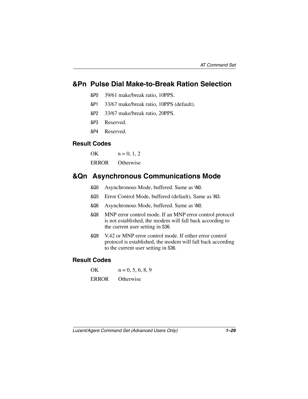 HP 3028CL, 3016US, 3017CL, 3015CA, 3005US Pn Pulse Dial Make-to-Break Ration Selection, Qn Asynchronous Communications Mode 