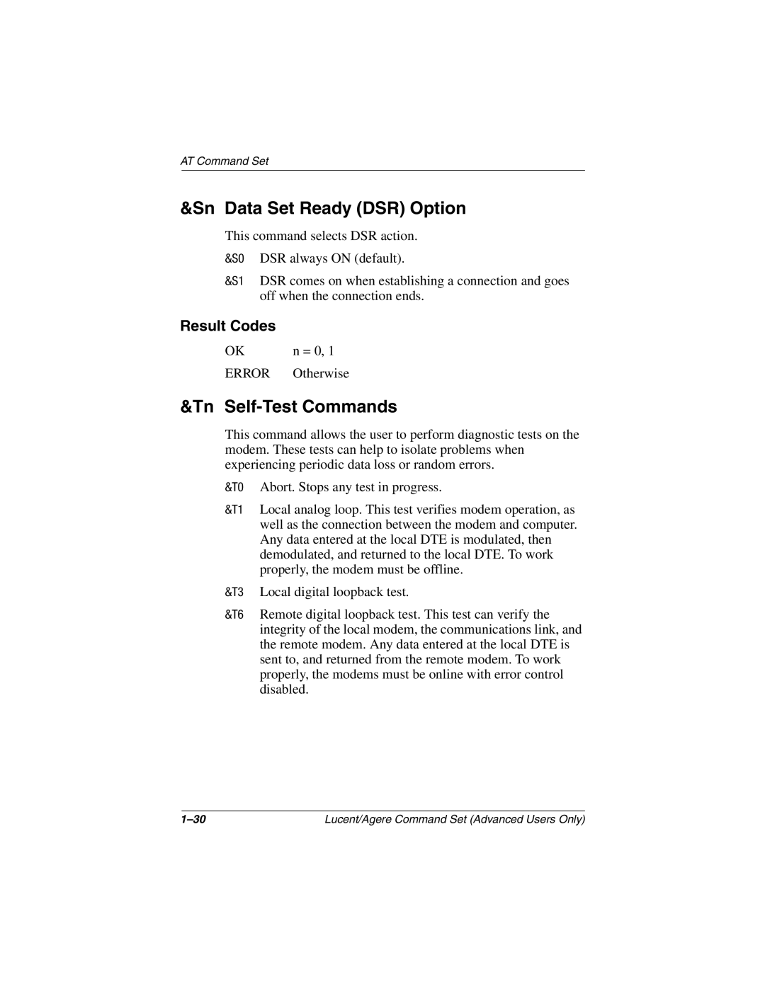 HP 3050US, 3016US, 3017CL, 3015CA, 3005US, 3008CL, 3020US, 3019CL, 3028CL Sn Data Set Ready DSR Option, Tn Self-Test Commands 