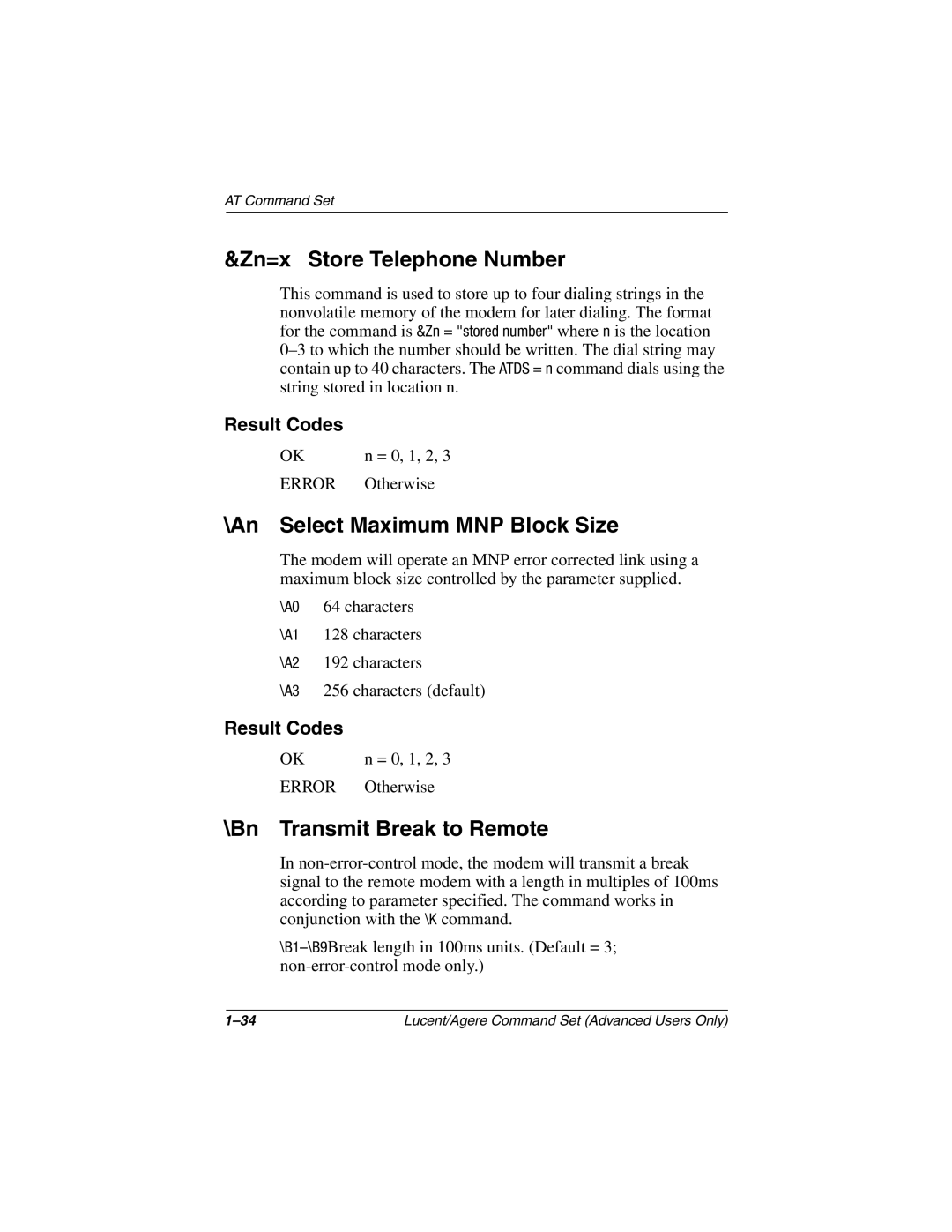 HP 3045US, 3016US, 3017CL, 3015CA Zn=x Store Telephone Number, An Select Maximum MNP Block Size, Bn Transmit Break to Remote 