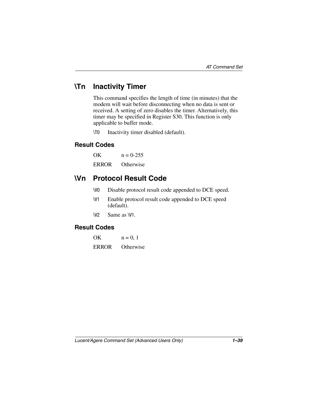 HP 3008CL, 3016US, 3017CL, 3015CA, 3005US, 3020US, 3019CL, 3028CL Tn Inactivity Timer, Vn Protocol Result Code, V2 Same as \V1 