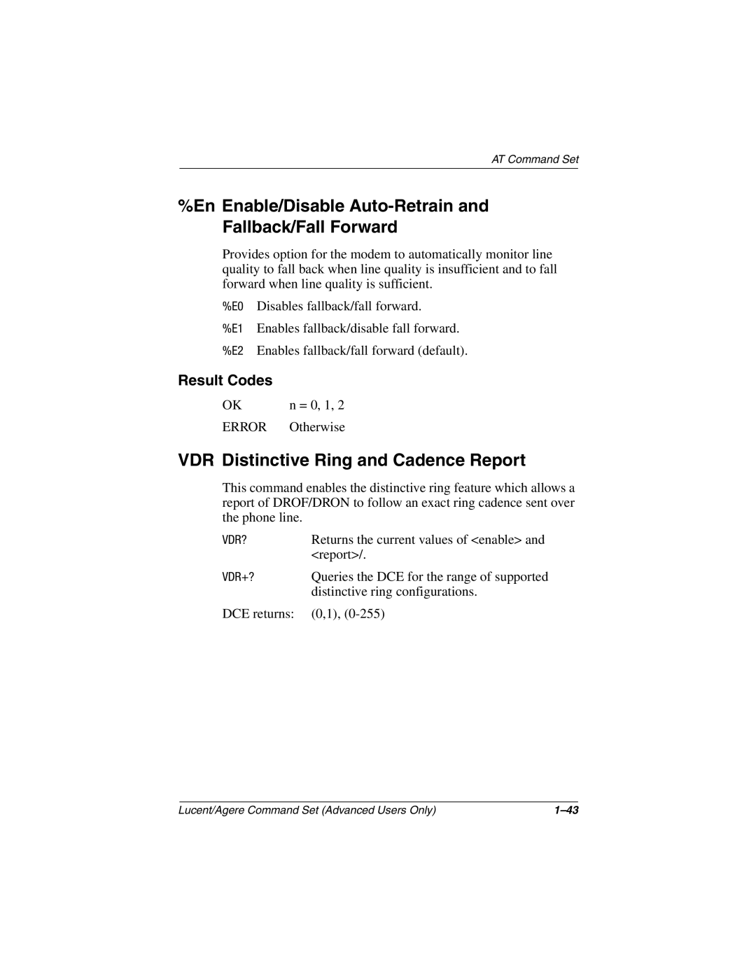 HP 3050US, 3016US, 3017CL En Enable/Disable Auto-Retrain and Fallback/Fall Forward, VDR Distinctive Ring and Cadence Report 