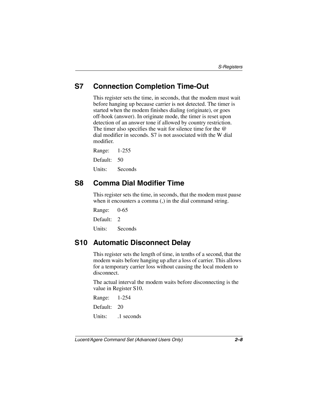 HP 3015CA, 3016US, 3017CL S7 Connection Completion Time-Out, S8 Comma Dial Modifier Time, S10 Automatic Disconnect Delay 