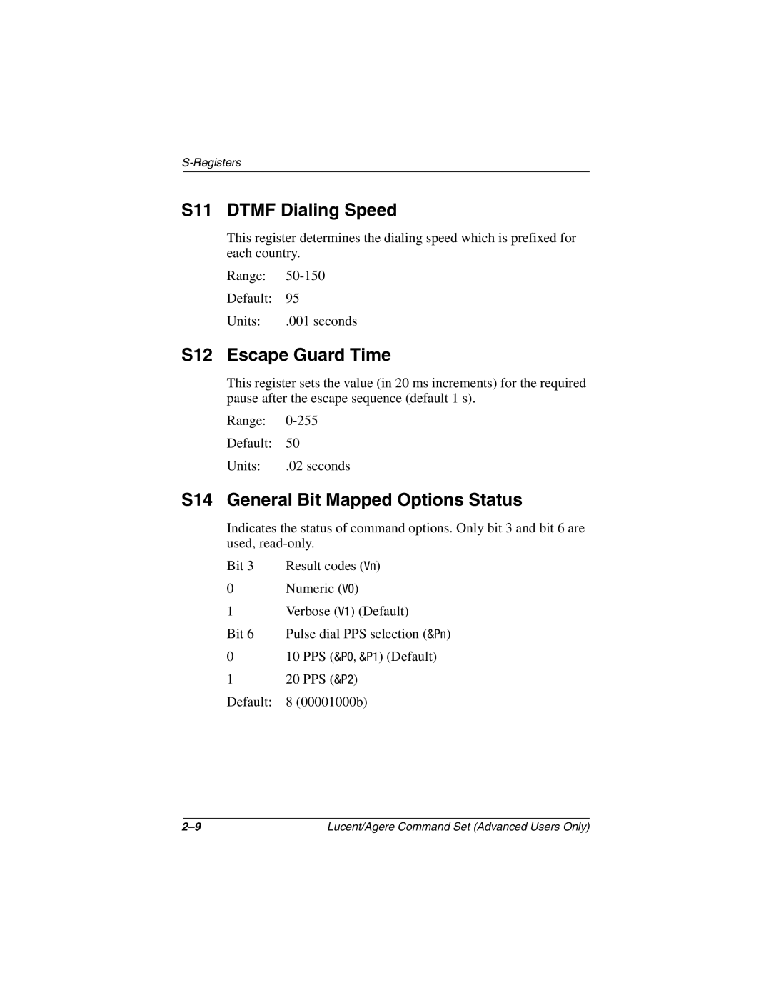 HP 3005US, 3016US, 3017CL, 3015CA manual S11 Dtmf Dialing Speed, S12 Escape Guard Time, S14 General Bit Mapped Options Status 