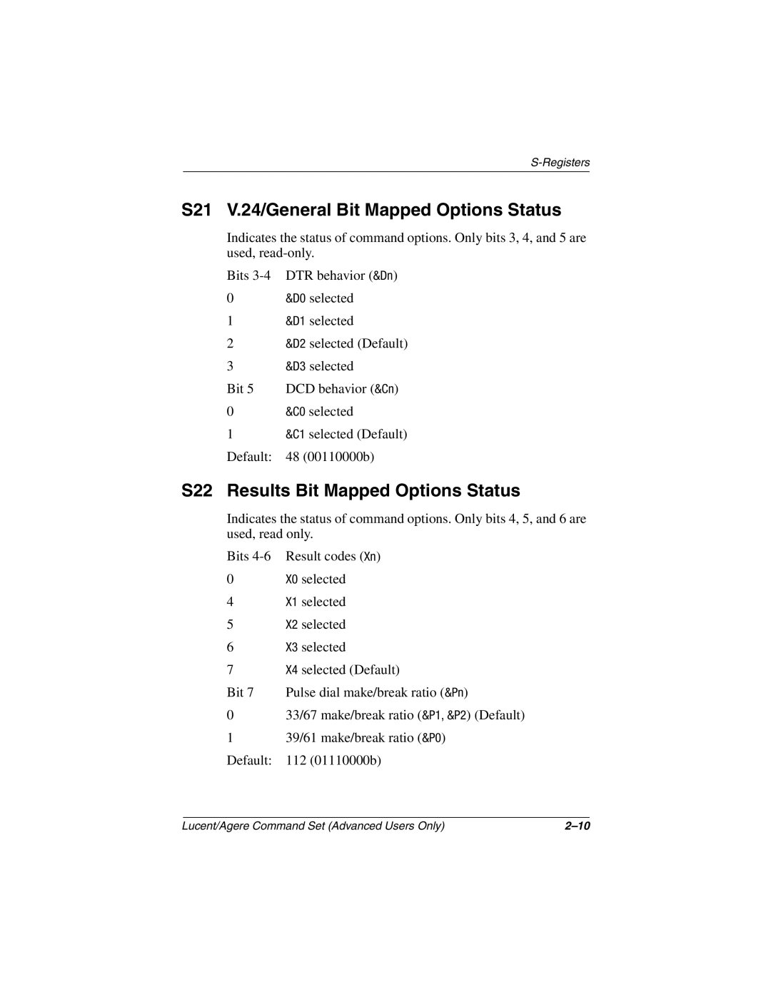 HP 3008CL, 3016US, 3017CL, 3015CA, 3005US S21 V.24/General Bit Mapped Options Status, S22 Results Bit Mapped Options Status 