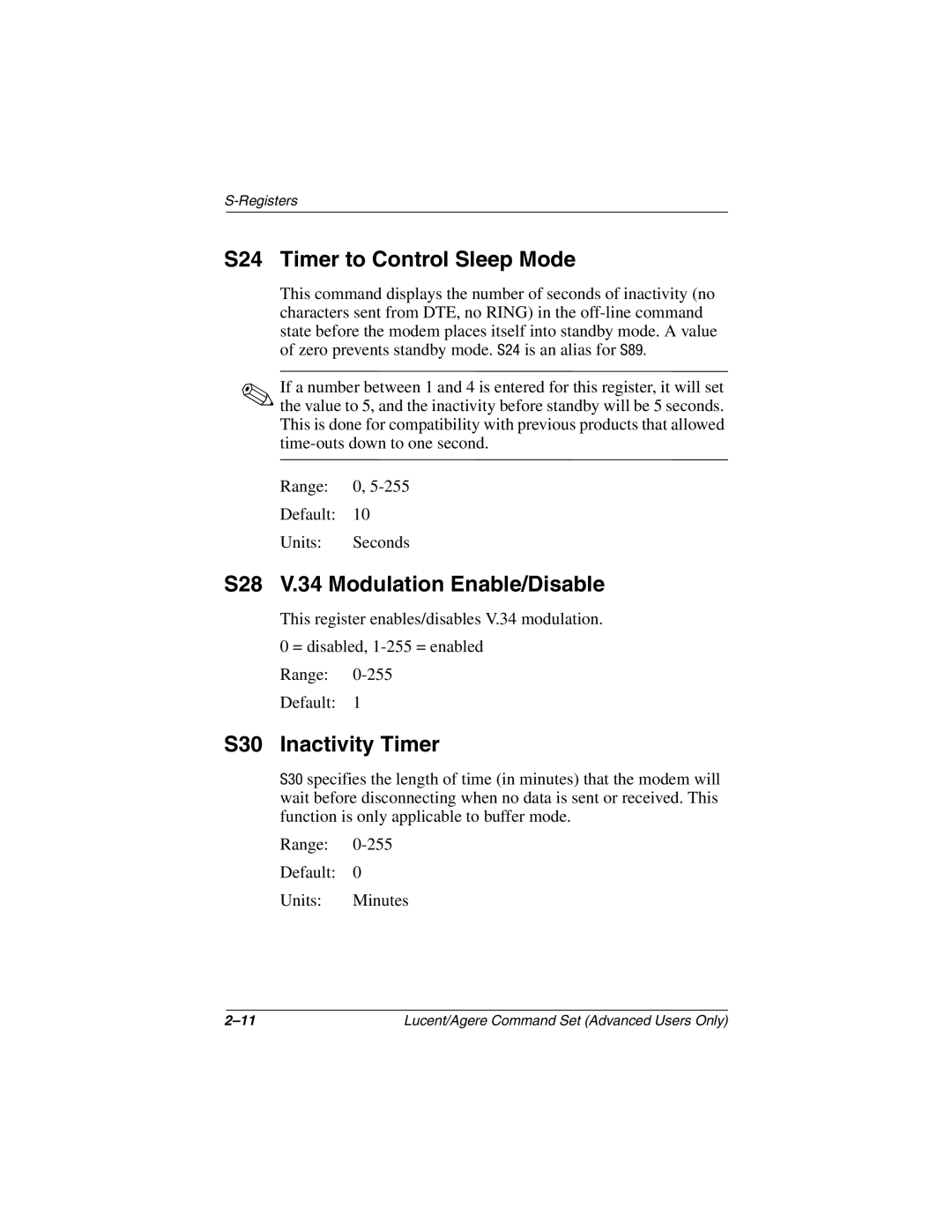 HP 3020US, 3016US, 3017CL, 3015CA S24 Timer to Control Sleep Mode, S28 V.34 Modulation Enable/Disable, S30 Inactivity Timer 