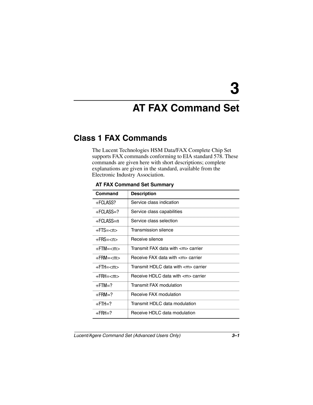 HP 3070US, 3016US, 3017CL, 3015CA, 3005US, 3008CL, 3020US, 3019CL, 3028CL, 3050US AT FAX Command Set Summary, +Fclass?, +Fclass=? 