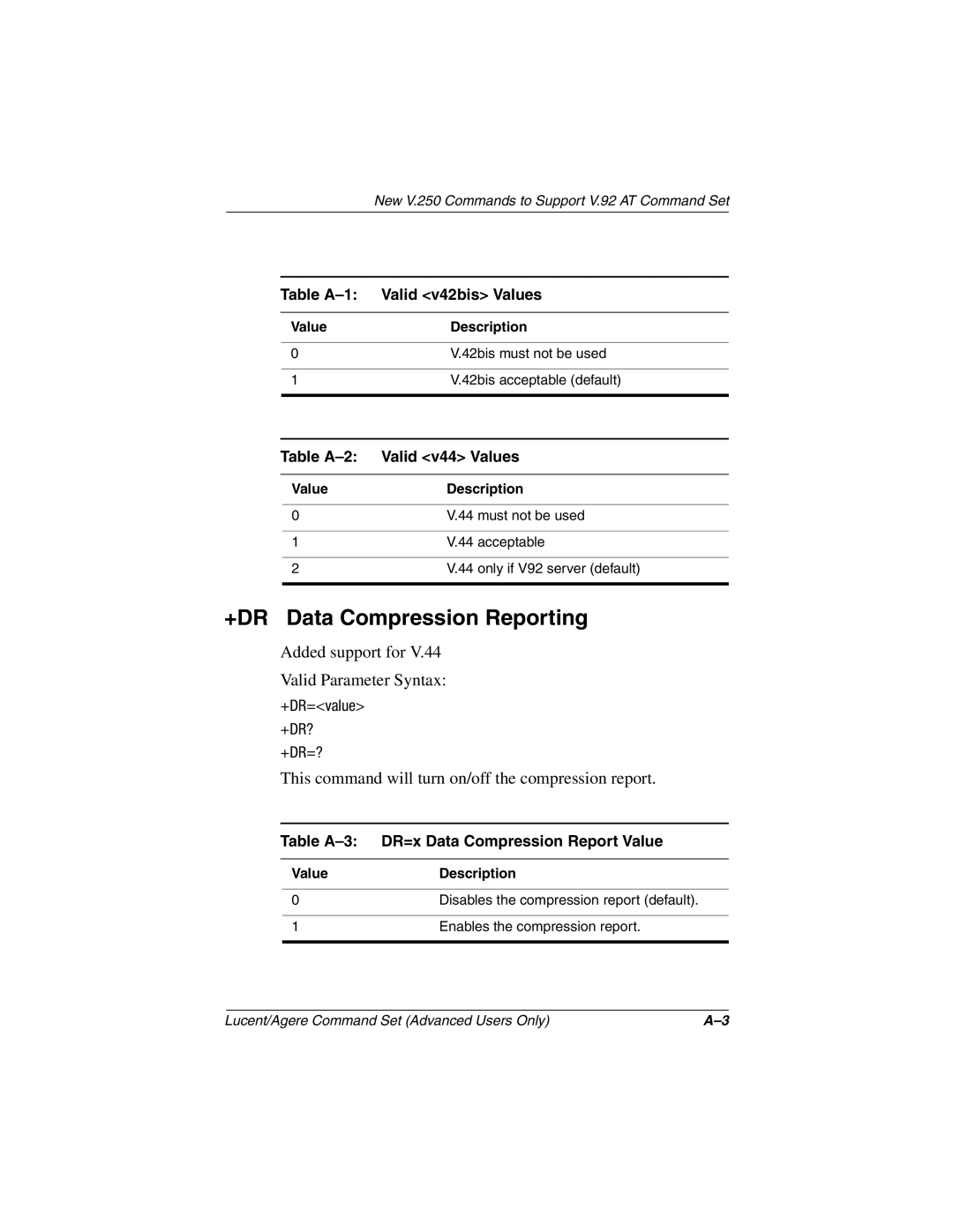 HP 3017CL +DR Data Compression Reporting, Table A-1 Valid v42bis Values, Table A-2 Valid v44 Values, +DR=value +DR? +DR=? 