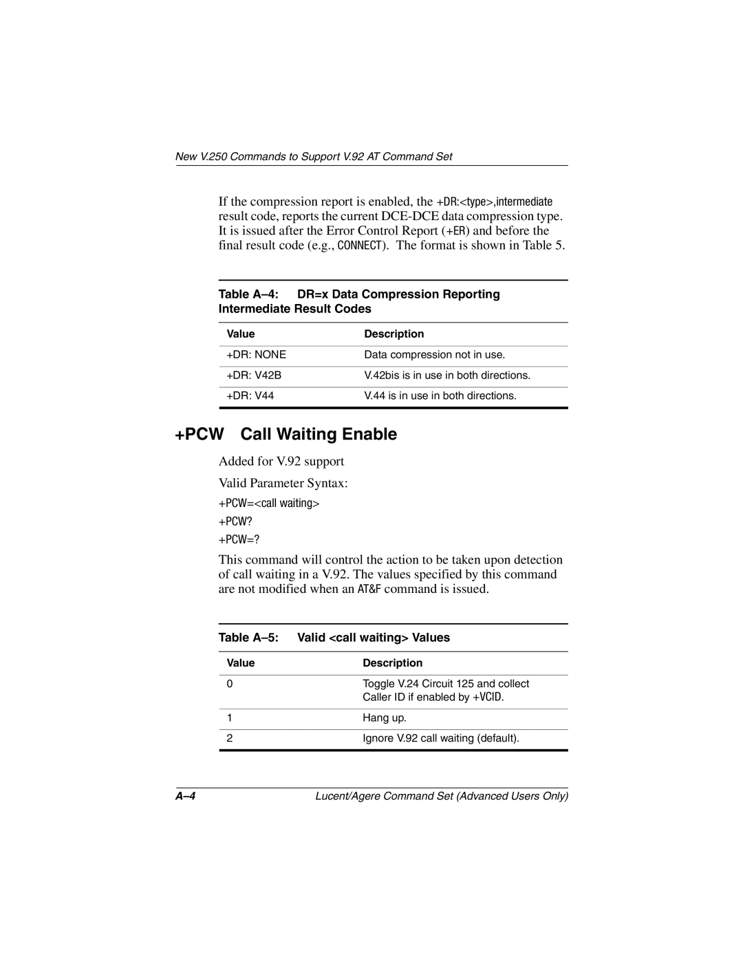 HP 3015CA, 3016US, 3017CL +PCW Call Waiting Enable, +PCW=call waiting, +Pcw?, +Pcw=?, Table A-5 Valid call waiting Values 