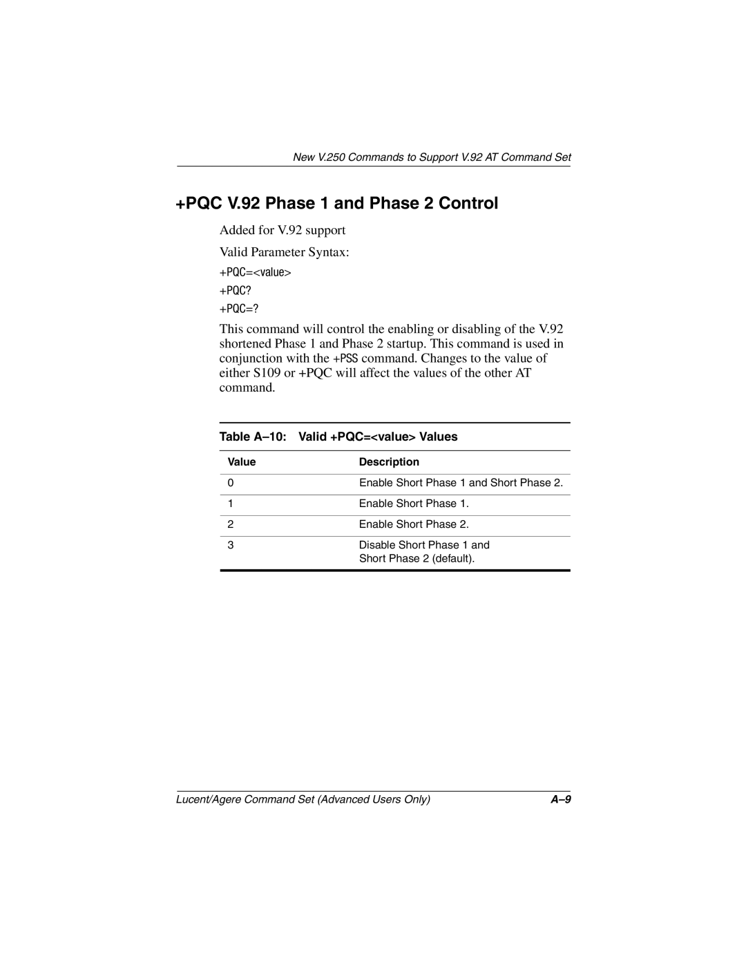 HP 3028CL, 3016US, 3017CL manual +PQC V.92 Phase 1 and Phase 2 Control, +Pqc?, +Pqc=?, Table A-10 Valid +PQC=value Values 