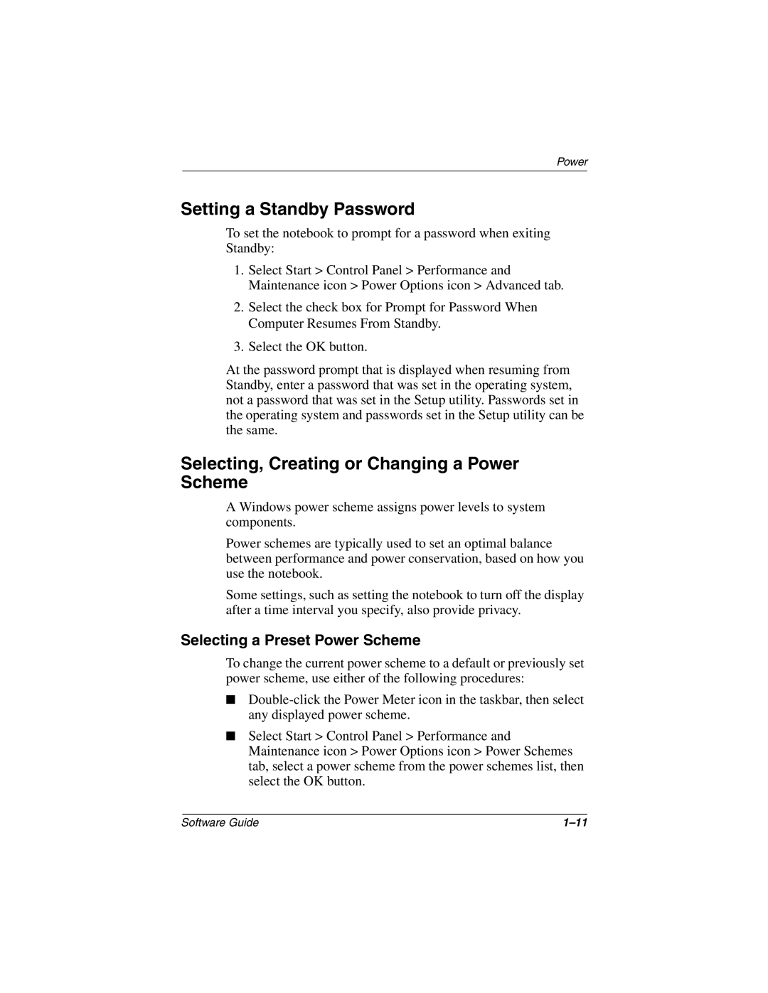 HP 3016US Setting a Standby Password, Selecting, Creating or Changing a Power Scheme, Selecting a Preset Power Scheme 