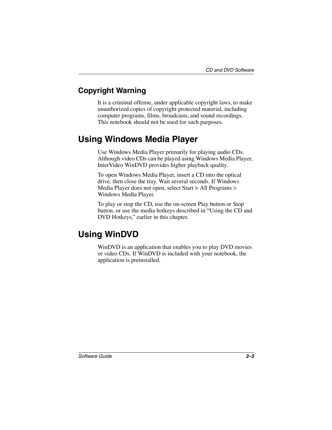 HP 3015CA, 3016US, 3017CL, 3015US, 3018CL, 3005US, 3008CL, 3020US Using Windows Media Player, Using WinDVD, Copyright Warning 