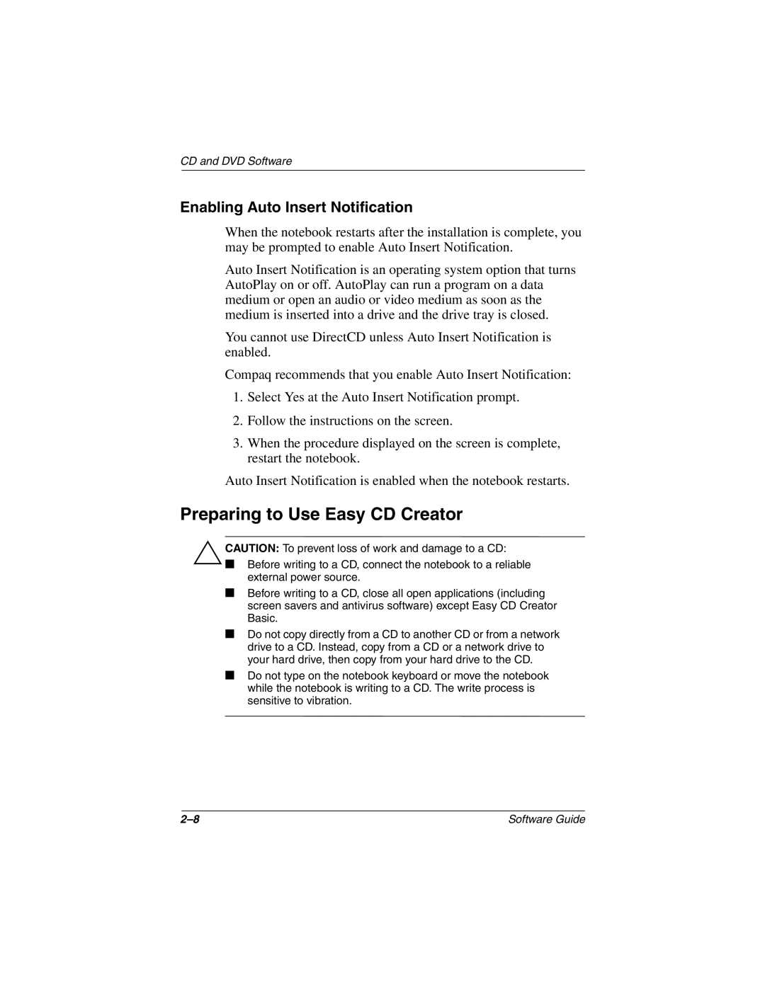 HP 3028CL, 3016US, 3017CL, 3015US, 3018CL, 3015CA, 3005US Preparing to Use Easy CD Creator, Enabling Auto Insert Notification 