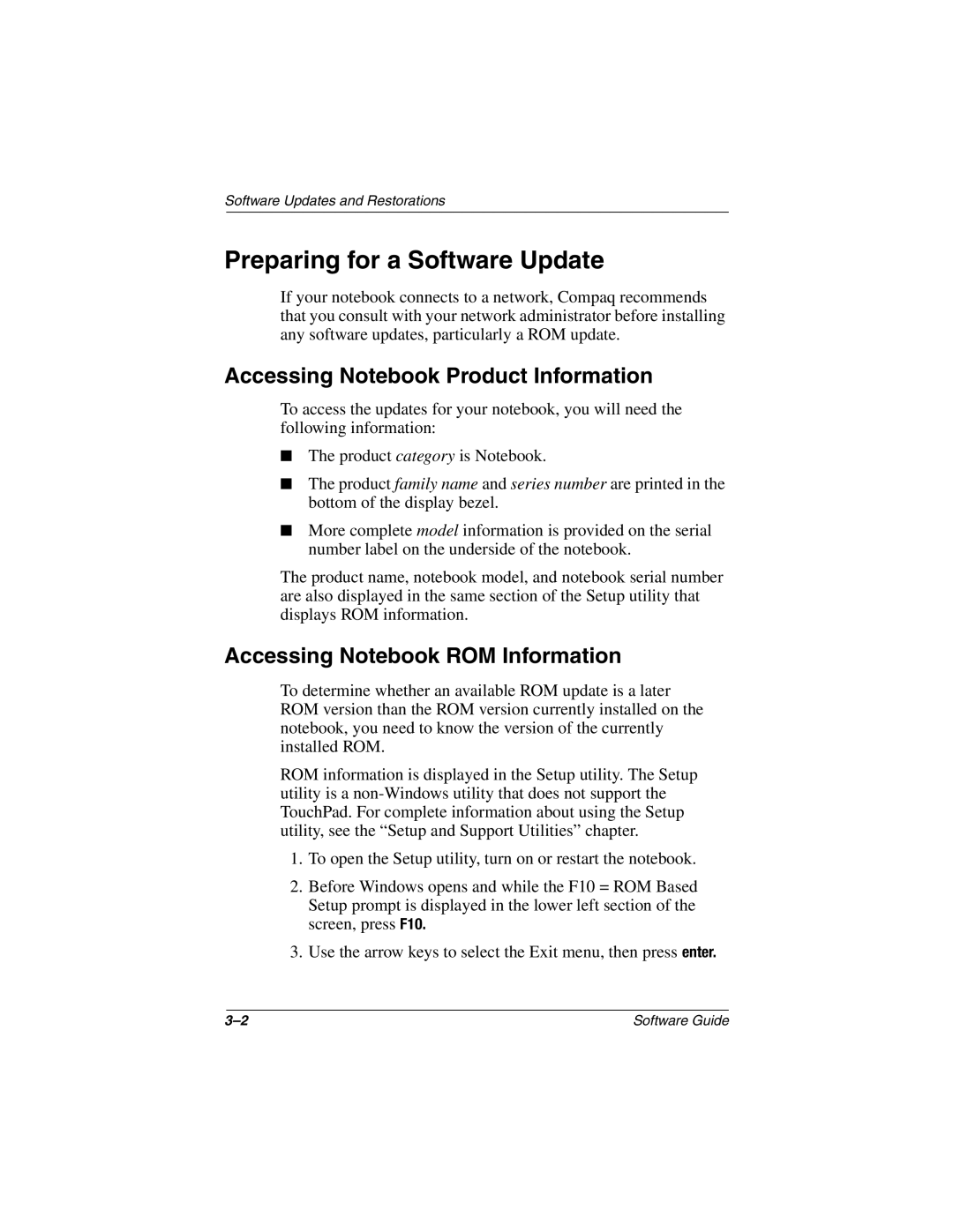 HP 3016US Preparing for a Software Update, Accessing Notebook Product Information, Accessing Notebook ROM Information 