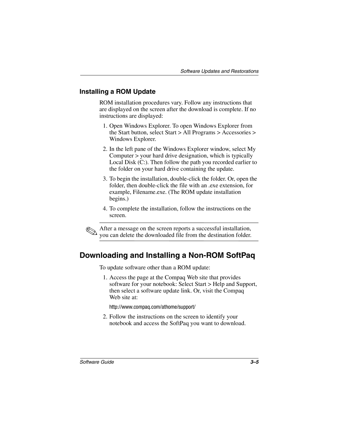 HP 3018CL, 3016US, 3017CL, 3015US, 3015CA, 3005US, 3008CL Downloading and Installing a Non-ROM SoftPaq, Installing a ROM Update 