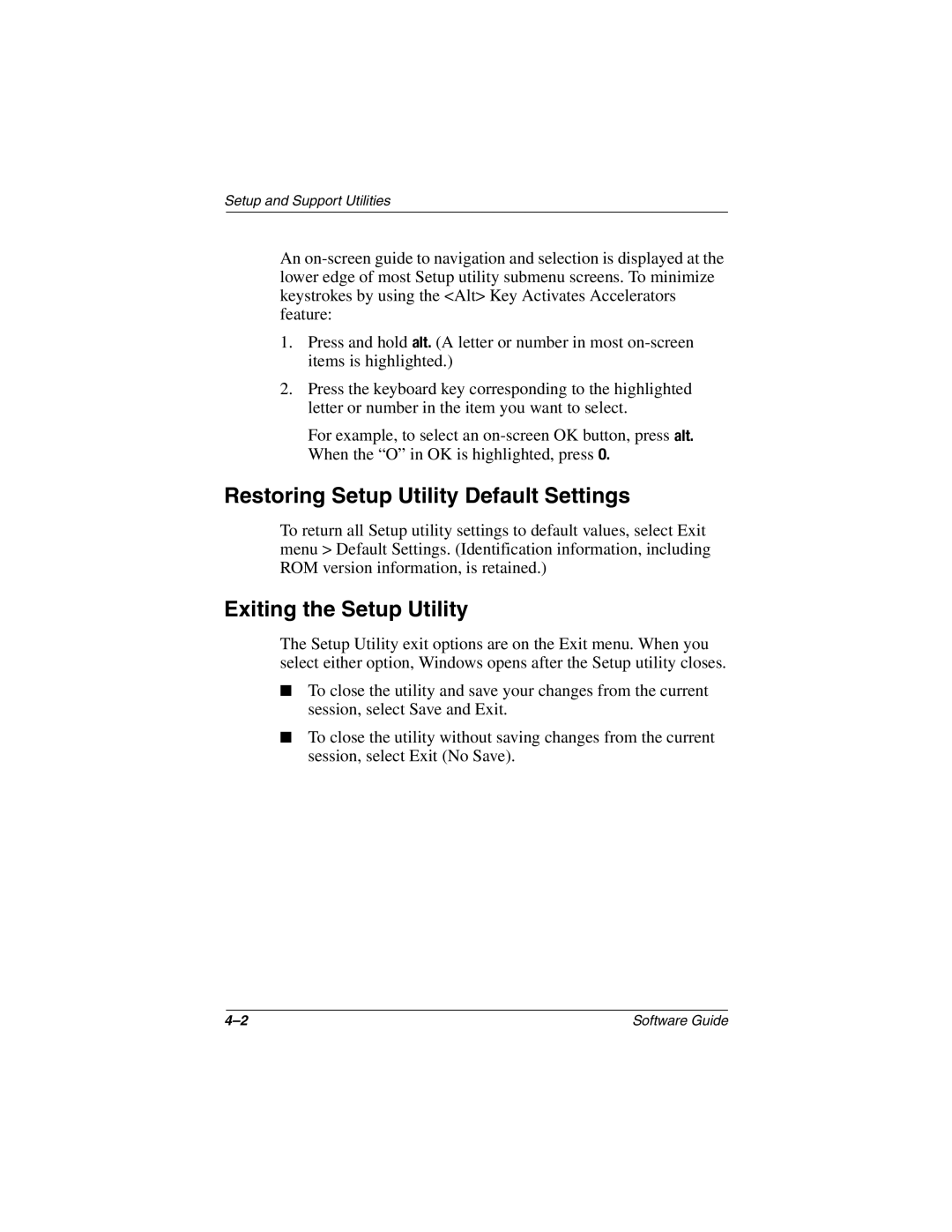 HP 3019CL, 3016US, 3017CL, 3015US, 3018CL, 3015CA, 3005US Restoring Setup Utility Default Settings, Exiting the Setup Utility 