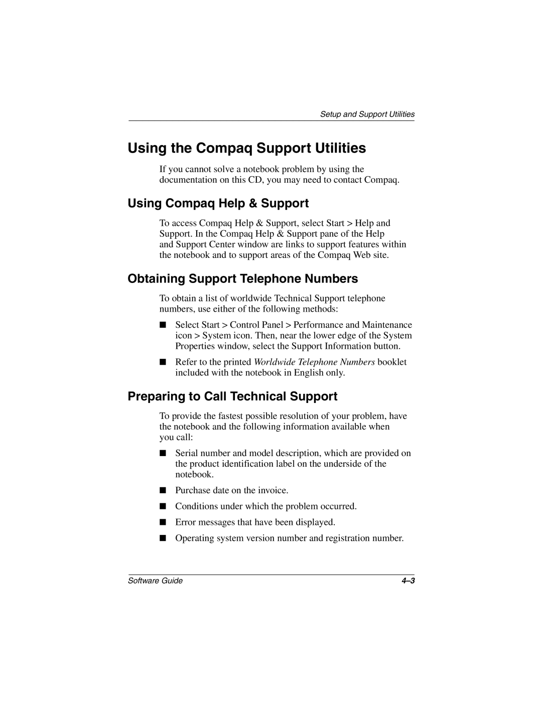 HP 3028CL, 3016US Using the Compaq Support Utilities, Using Compaq Help & Support, Obtaining Support Telephone Numbers 