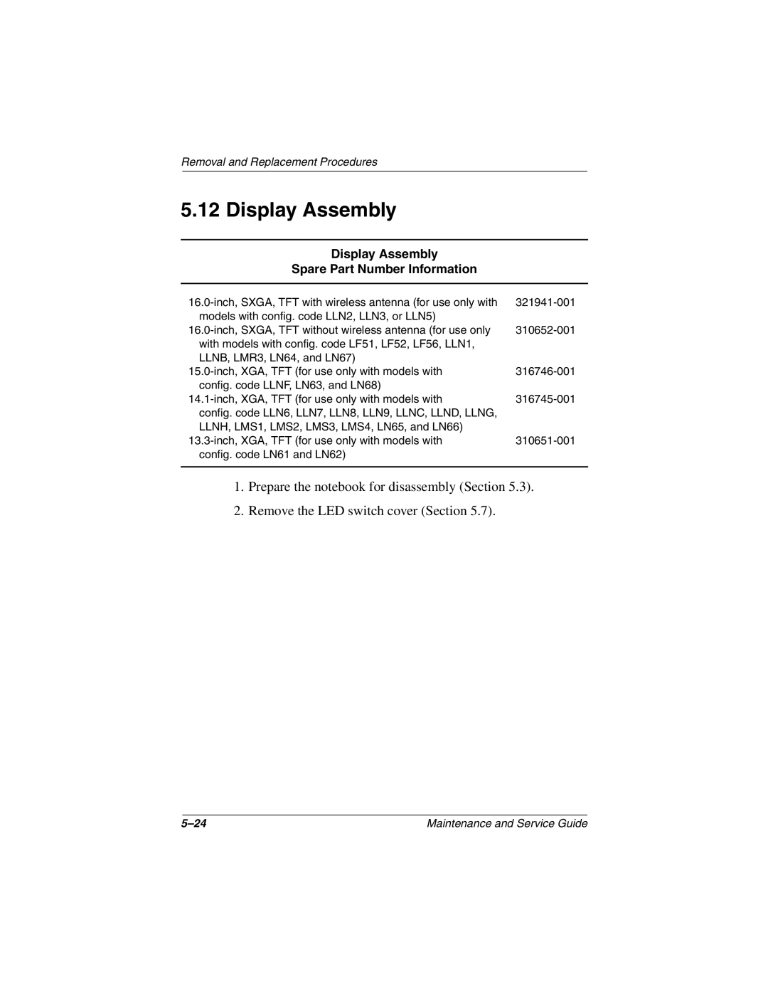 HP 3080US, 3016US, 3017CL, 3015US, 3018CL, 3015CA, 3005US, 3008CL, 3020US manual Display Assembly Spare Part Number Information 