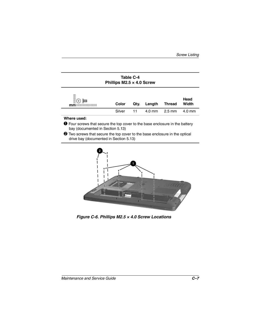 HP 3077WM, 3016US, 3017CL, 3015US manual Table C-4 Phillips M2.5 × 4.0 Screw, Figure C-6. Phillips M2.5 × 4.0 Screw Locations 