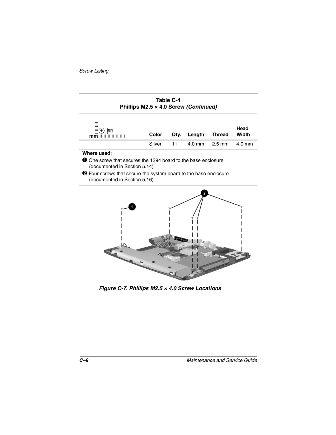 HP 3080US, 3016US, 3017CL, 3015US, 3018CL, 3015CA, 3005US, 3008CL, 3020US, 3019CL Figure C-7. Phillips M2.5 × 4.0 Screw Locations 