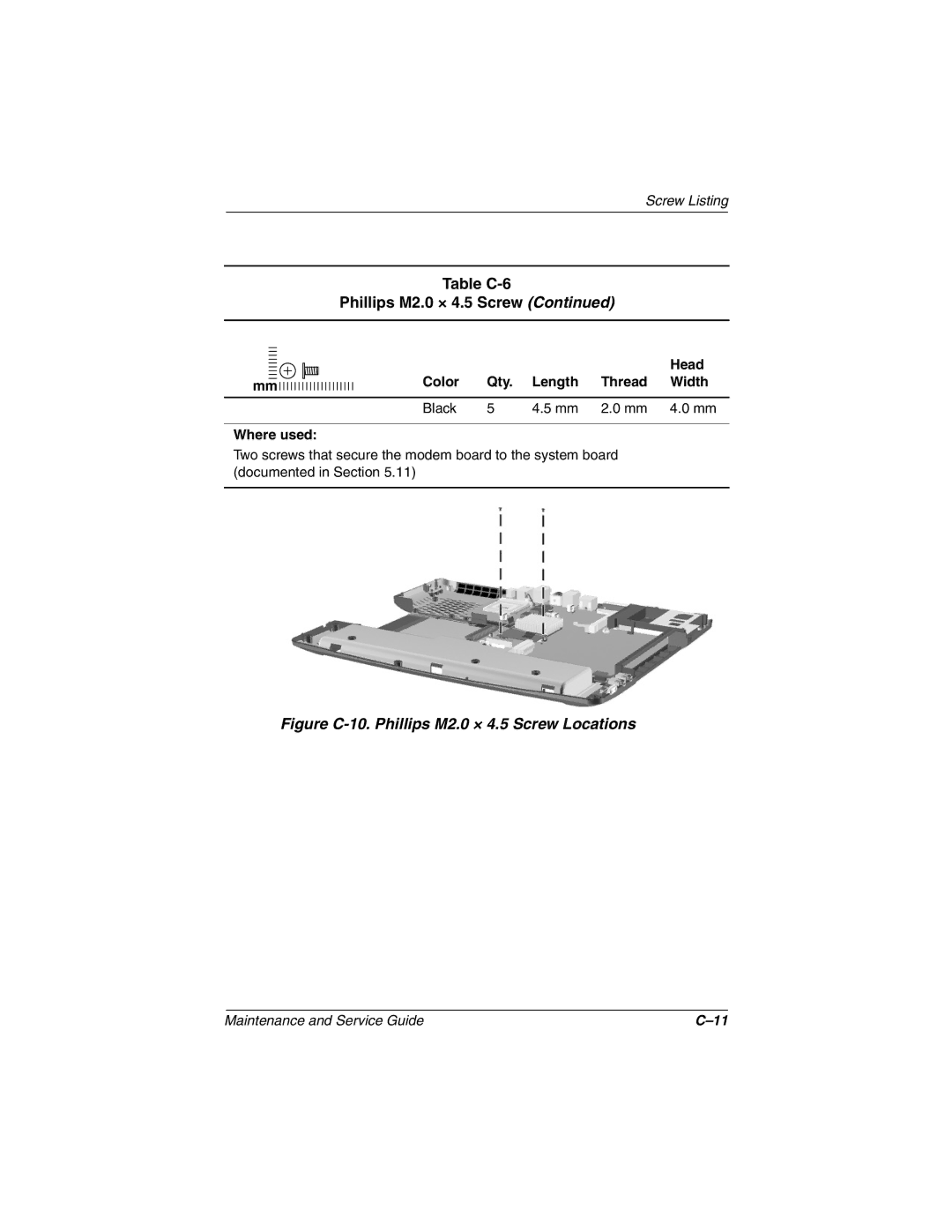 HP 3016US, 3017CL, 3015US, 3018CL, 3015CA, 3005US, 3008CL, 3020US, 3019CL, 3028CL Figure C-10. Phillips M2.0 × 4.5 Screw Locations 