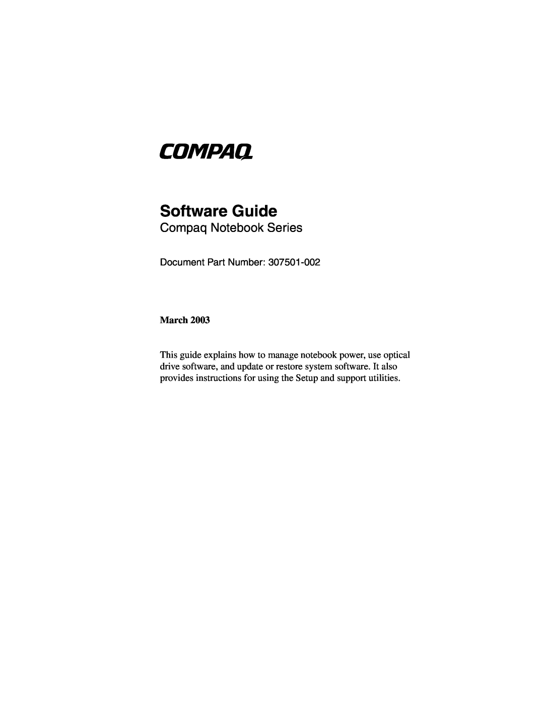 HP 3017CL, 3016US, 3015US, 3018CL, 3015CA, 3005US manual Software Guide, Compaq Notebook Series, Document Part Number, March 