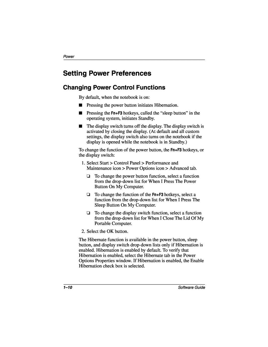 HP 3045US, 3016US, 3017CL, 3015US, 3018CL, 3015CA, 3005US, 3008CL Setting Power Preferences, Changing Power Control Functions 