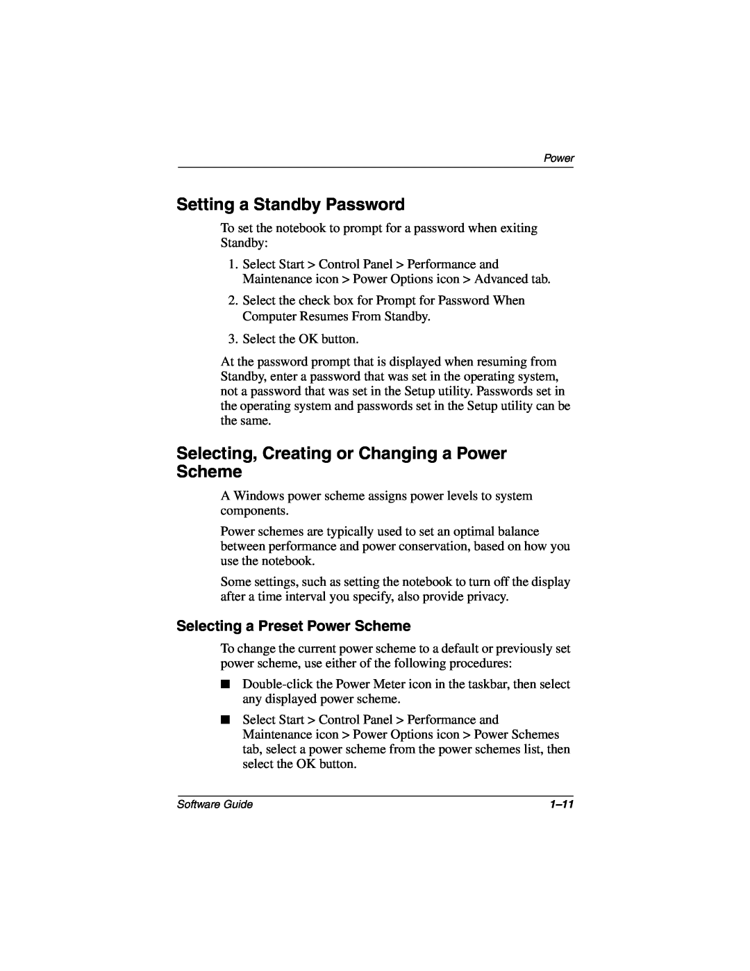 HP 3016US Setting a Standby Password, Selecting, Creating or Changing a Power Scheme, Selecting a Preset Power Scheme 