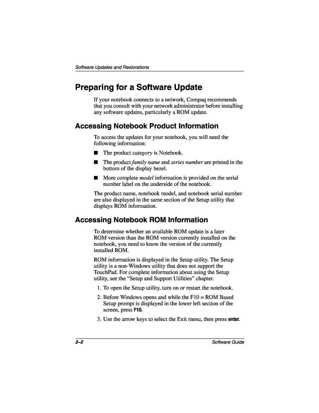 HP 3016US Preparing for a Software Update, Accessing Notebook Product Information, Accessing Notebook ROM Information 