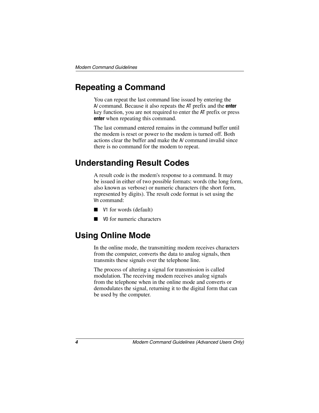 HP 3028CL, 3017CL, 3018CL, 3015CA, 3005US, 3008CL, 3020US Repeating a Command, Understanding Result Codes, Using Online Mode 