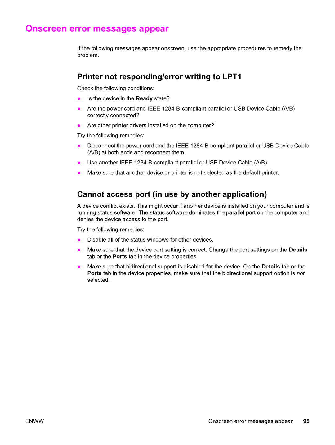 HP 3020 manual Onscreen error messages appear, Printer not responding/error writing to LPT1 