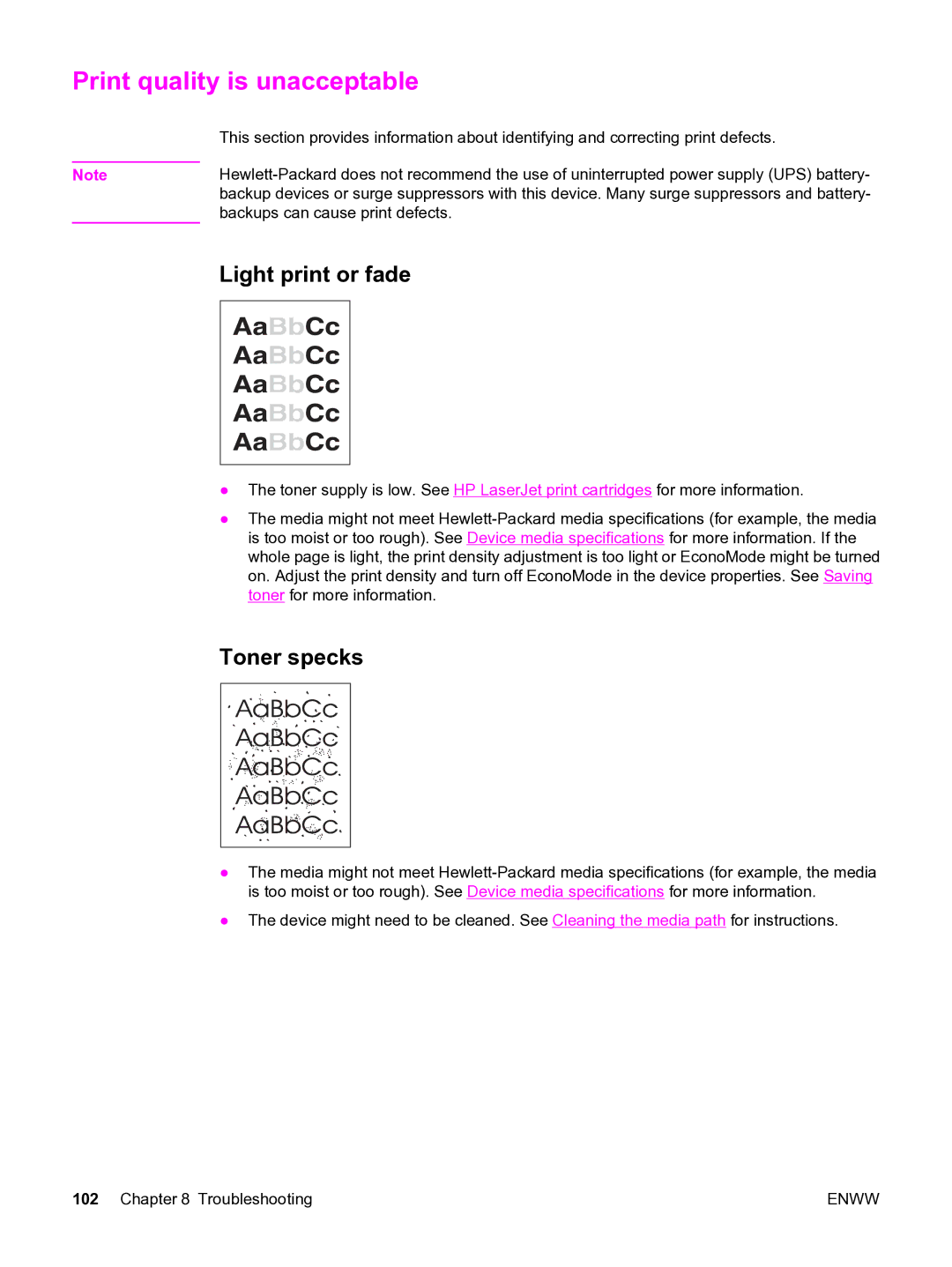 HP 3020 manual Print quality is unacceptable, Light print or fade, Toner specks 