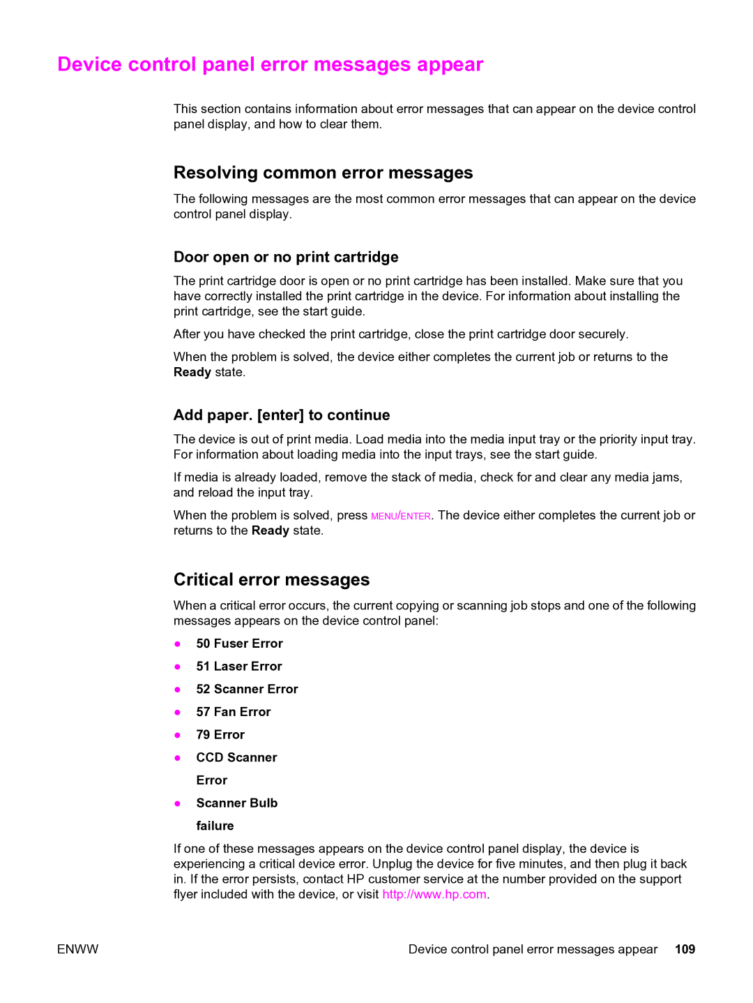 HP 3020 manual Device control panel error messages appear, Resolving common error messages, Critical error messages 