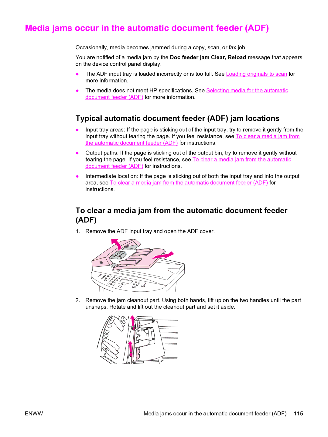 HP 3020 manual Media jams occur in the automatic document feeder ADF, Typical automatic document feeder ADF jam locations 