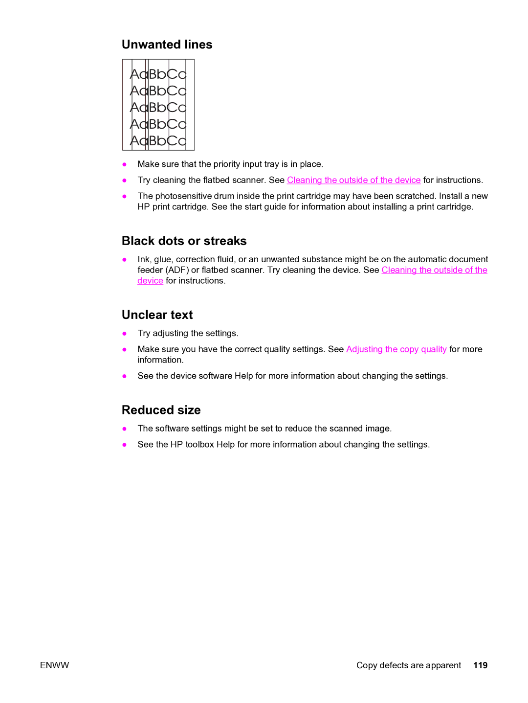 HP 3020 manual Unwanted lines, Black dots or streaks, Unclear text, Reduced size 