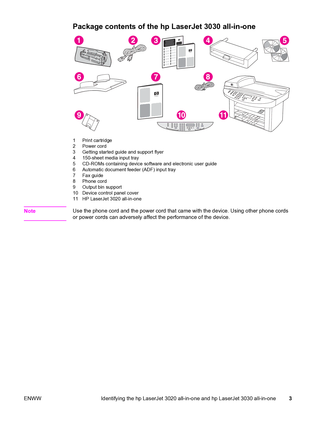 HP 3020 manual Package contents of the hp LaserJet 3030 all-in-one 