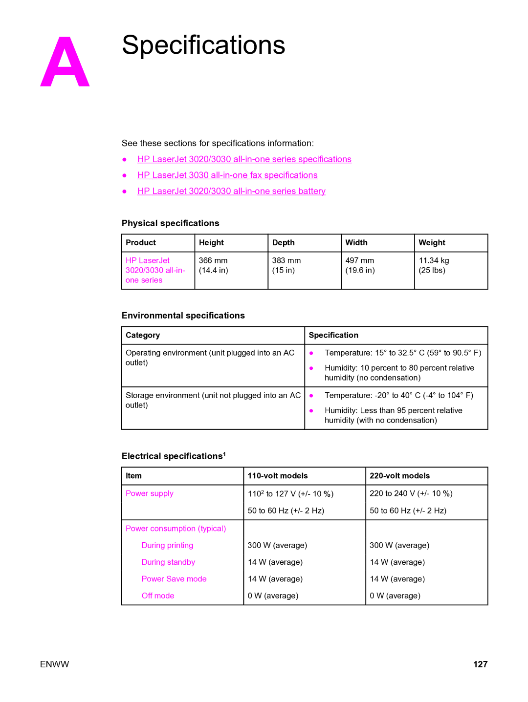 HP 3020 manual Specifications, Physical specifications, Environmental specifications, Electrical specifications1, 127 