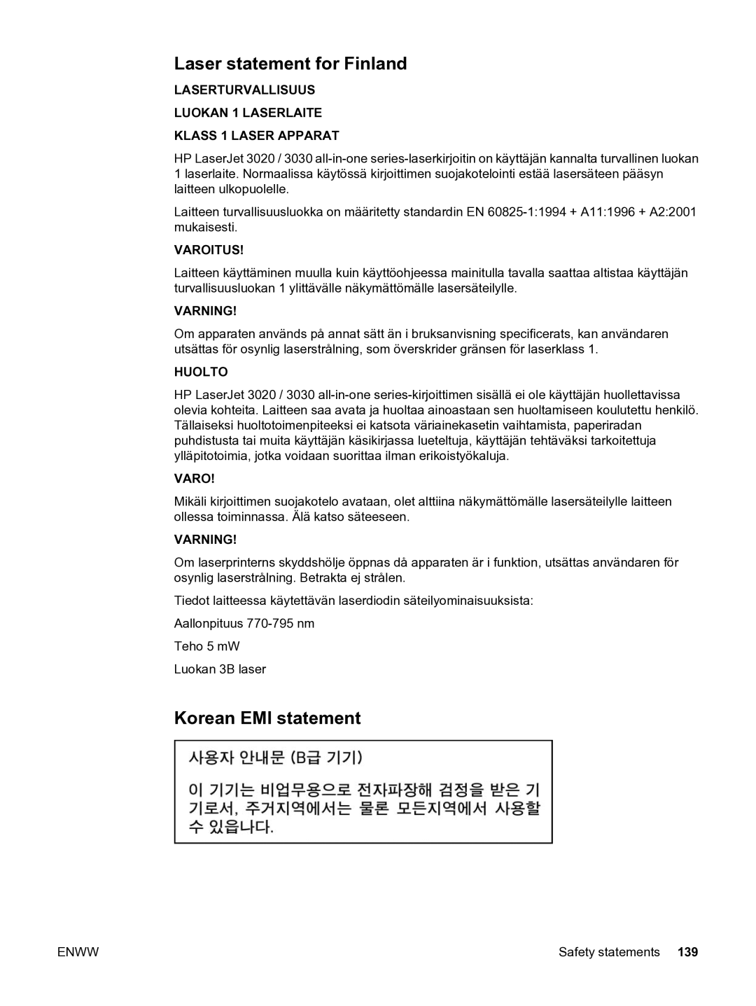 HP 3020 manual Laser statement for Finland, Korean EMI statement 