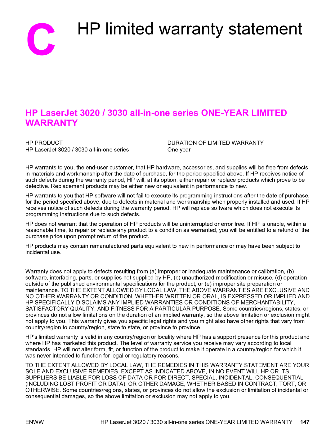 HP 3020 manual HP limited warranty statement, HP Product Duration of Limited Warranty 