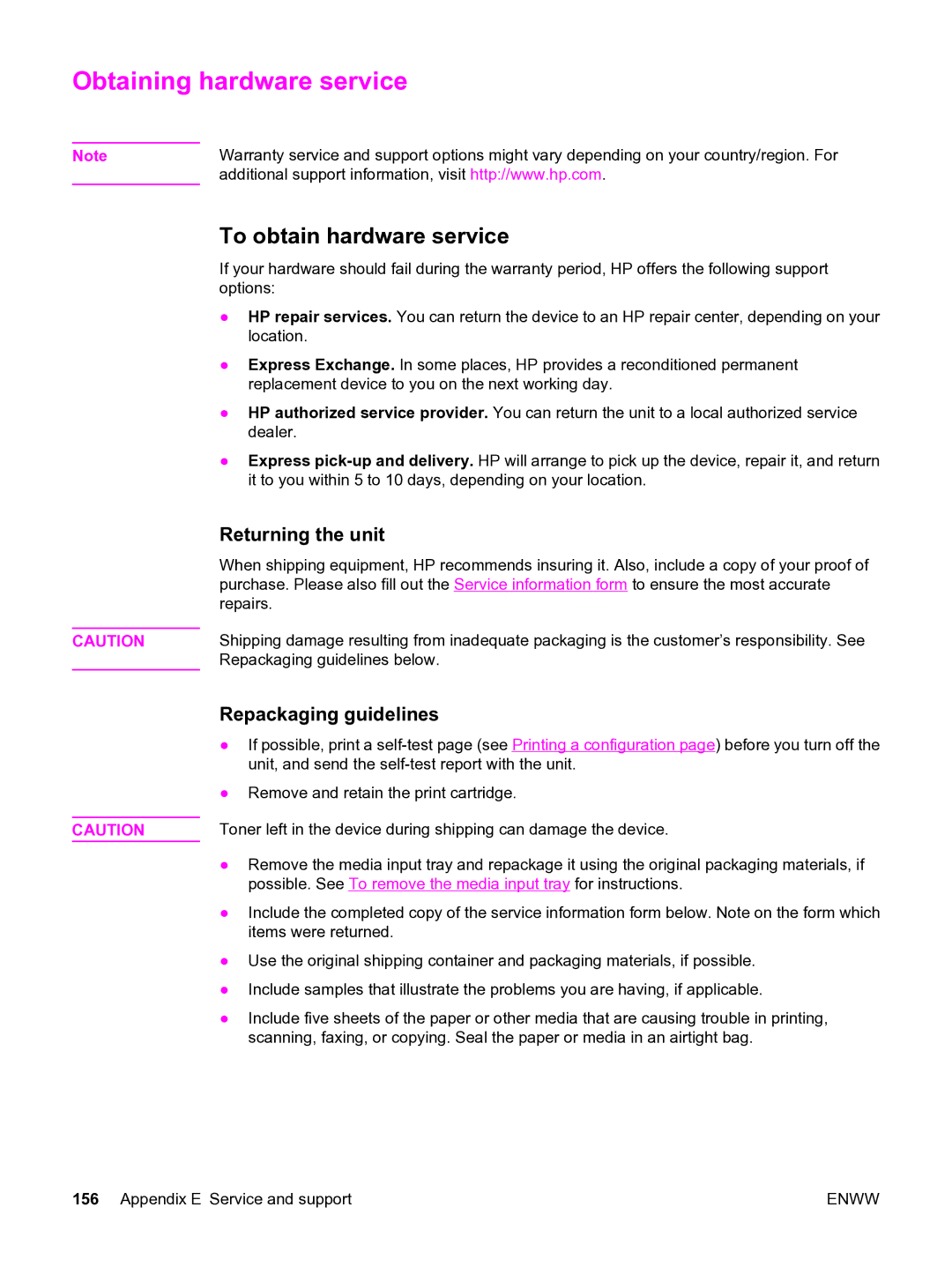 HP 3020 manual Obtaining hardware service, To obtain hardware service, Returning the unit, Repackaging guidelines 