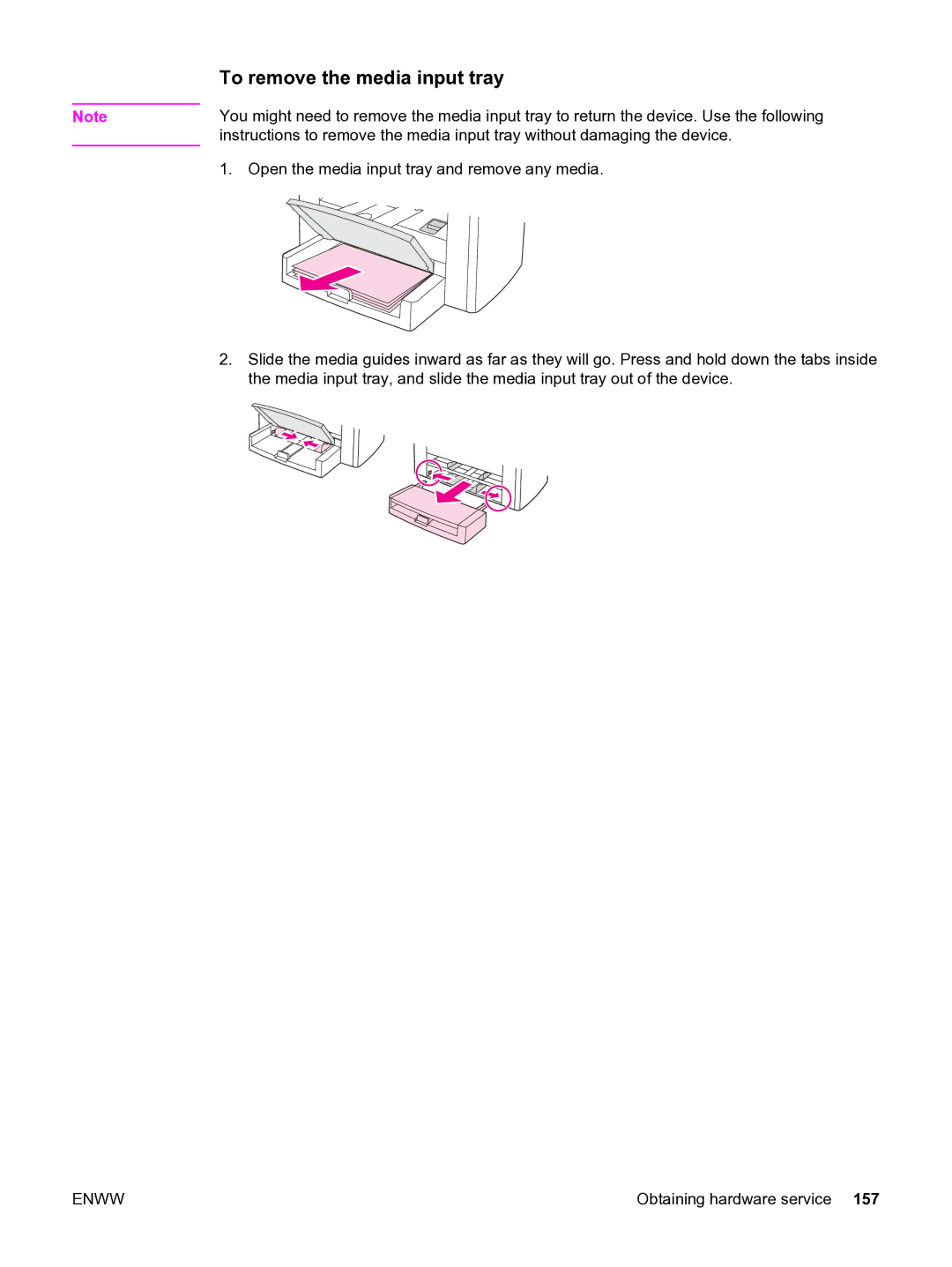 HP 3020 manual To remove the media input tray 