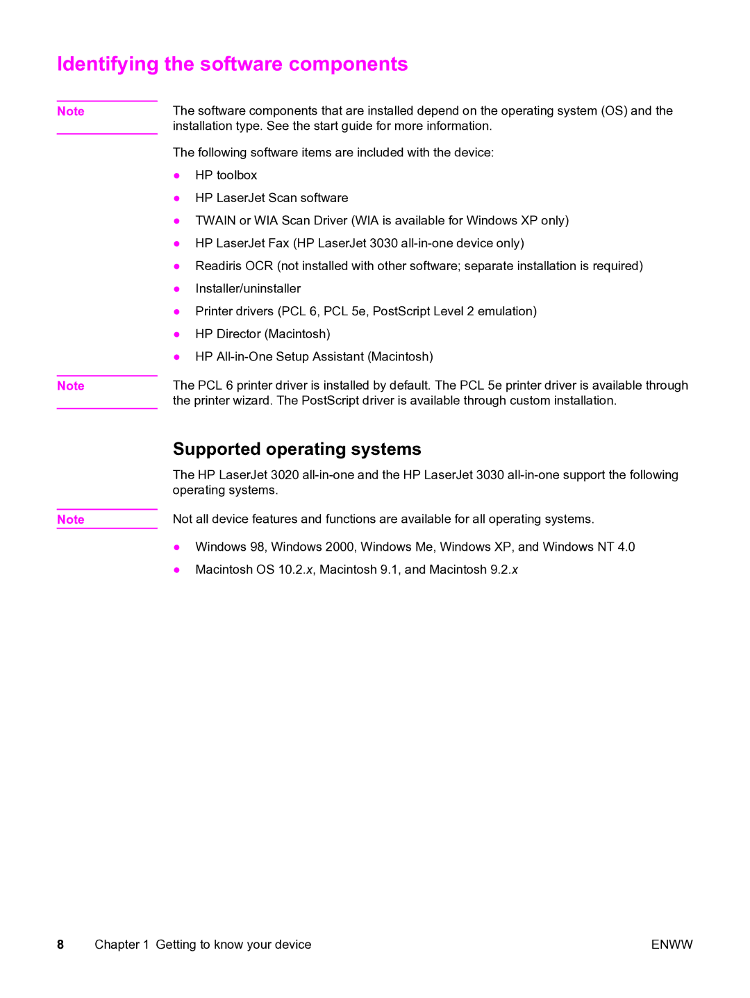 HP 3020 manual Identifying the software components, Supported operating systems 