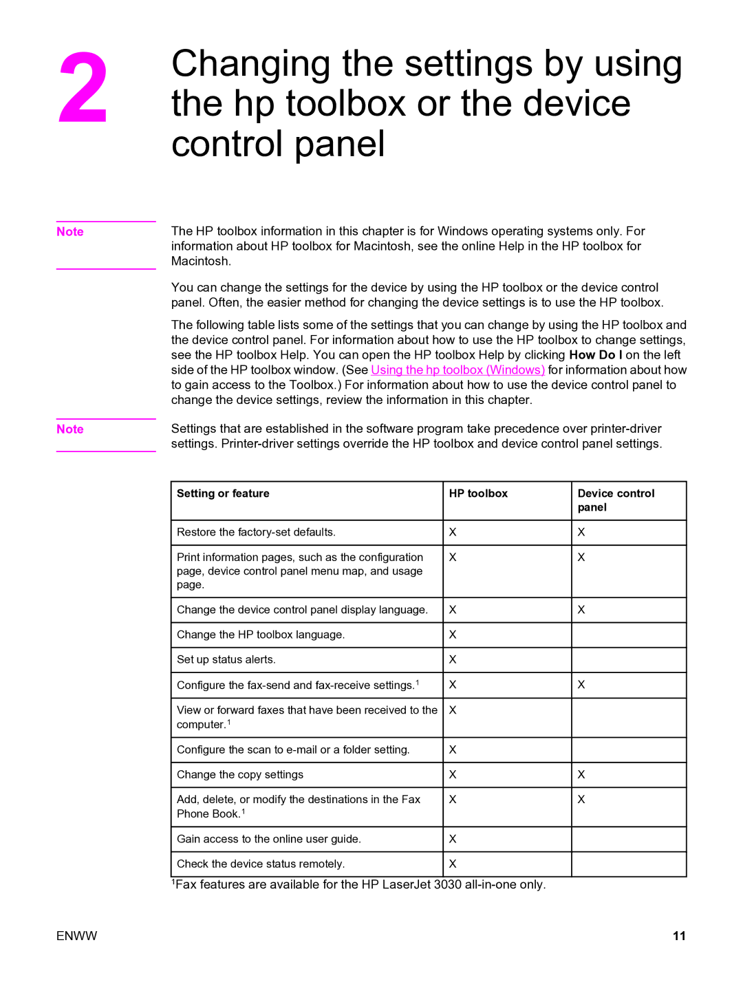 HP 3020 manual Setting or feature HP toolbox Device control Panel 