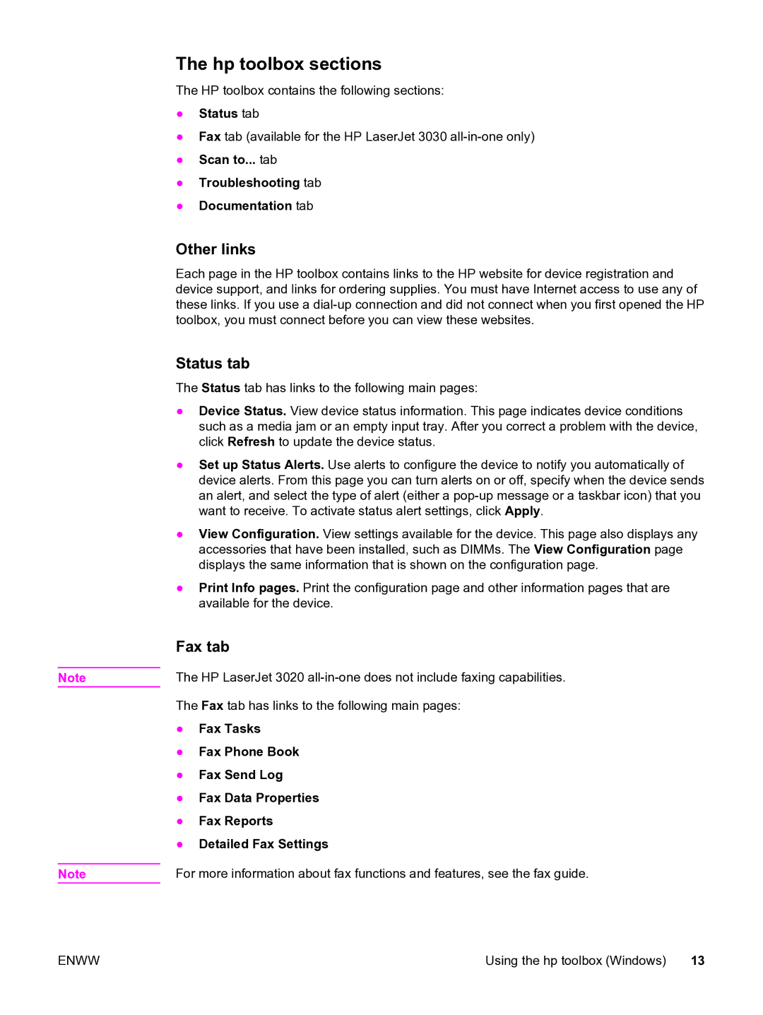 HP 3020 manual Hp toolbox sections, Other links, Status tab, Fax tab 