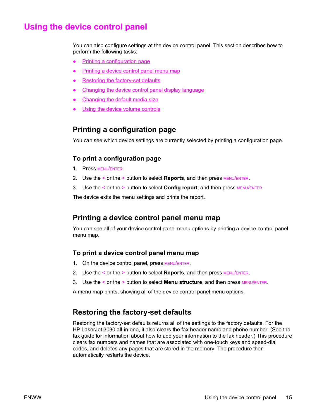 HP 3020 manual Using the device control panel, Printing a configuration, Printing a device control panel menu map 