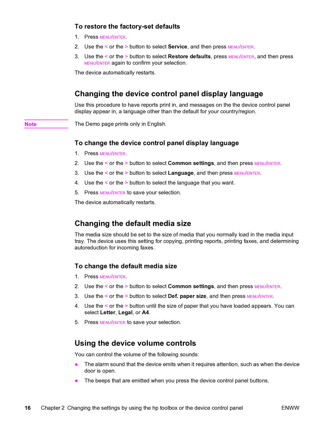 HP 3020 manual Changing the device control panel display language, Changing the default media size 