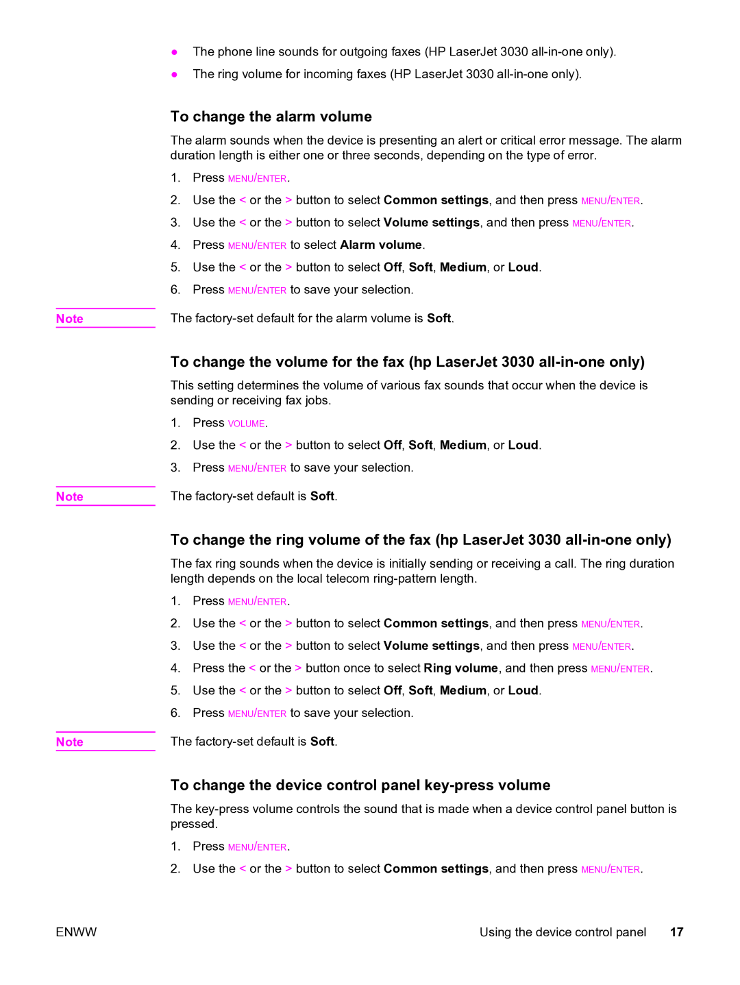 HP 3020 manual To change the alarm volume, To change the device control panel key-press volume 